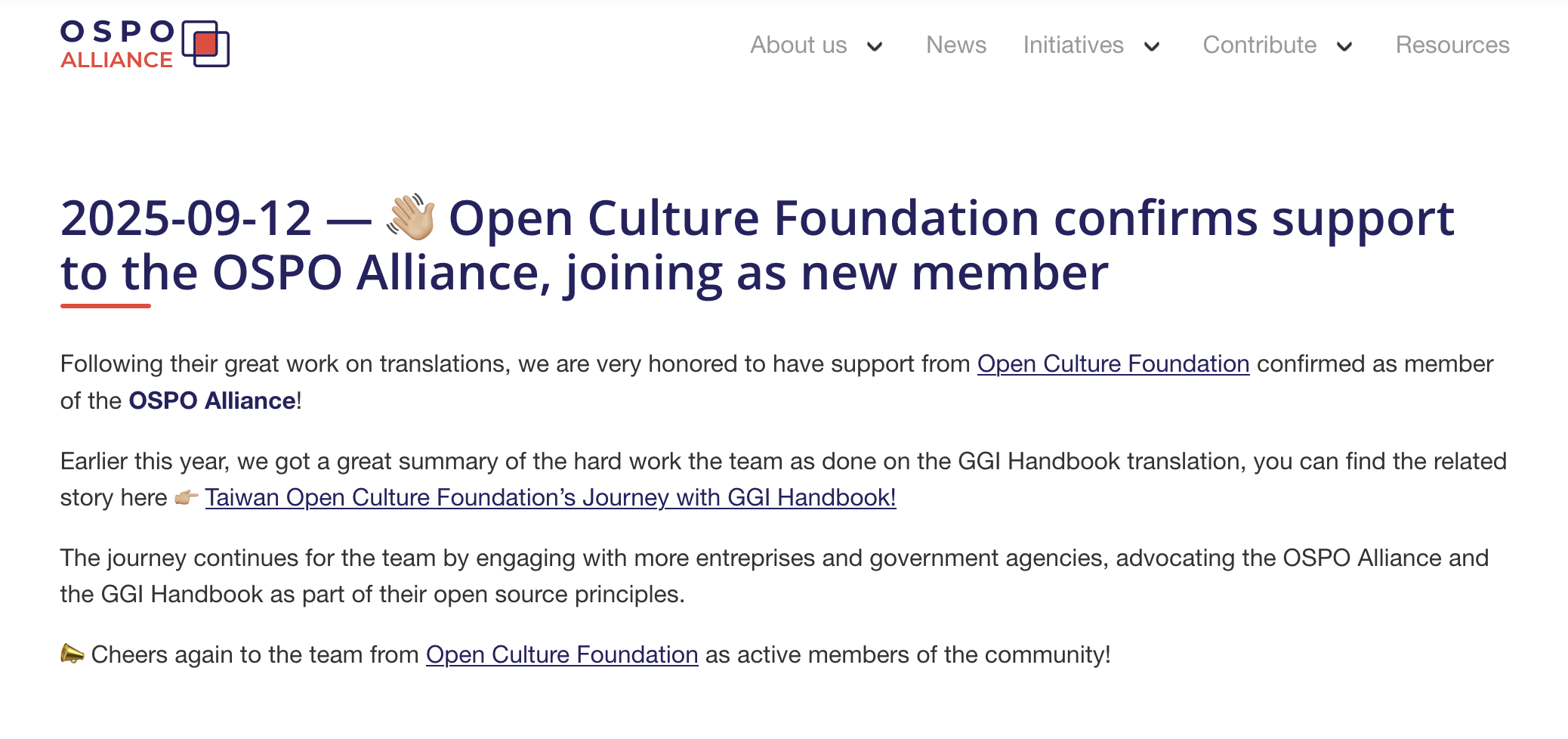 OCF 正式加入聯盟報導，資料來源：OSPO Alliance News