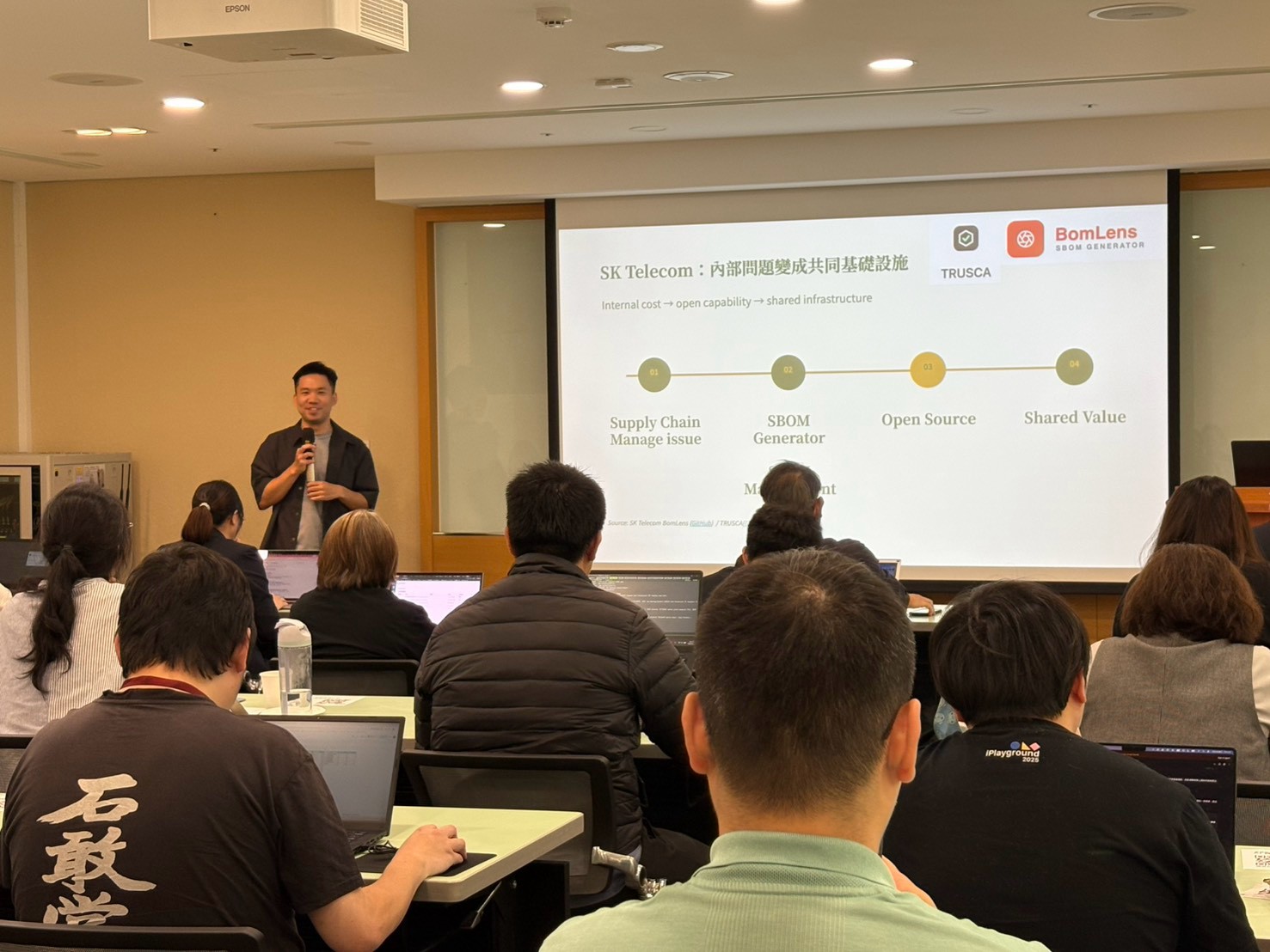 Ryan Hsieh 謝文豪在現場以 SK Telecom 的 BomLens 與 TRUSCA 說明開源供應鏈協作