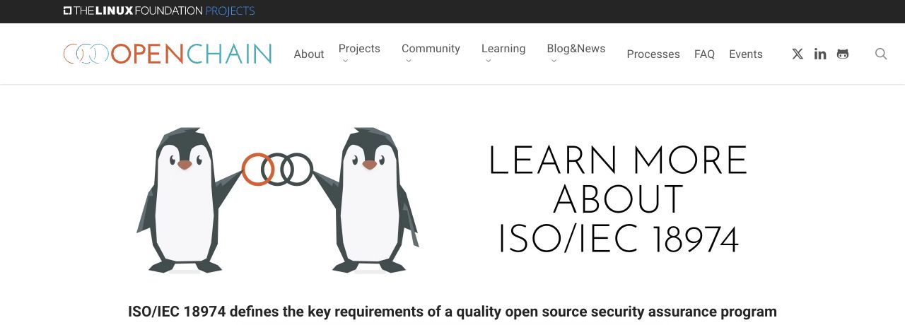 OpenChain 官方網站的 ISO/IEC 18974 說明頁，以兩隻連結在一起的企鵝介紹開源安全保證標準